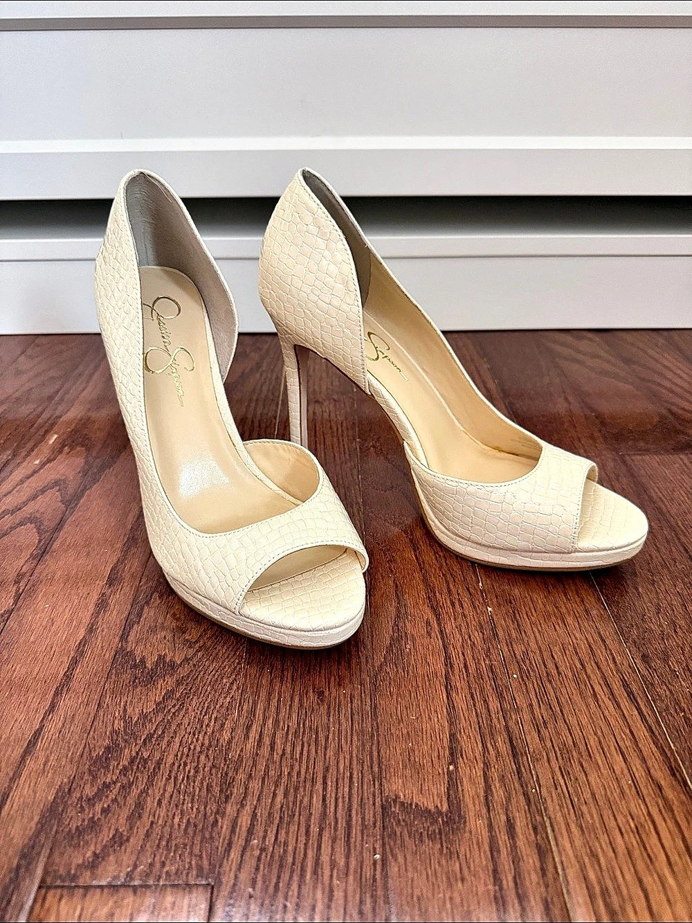 Jessica Simpson Kimli Snake Embossed Peep Toe Pumps in Cream